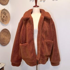 ELODIE Women’s Size XL Brown Rust Teddy Coat Faux Fur Oversized Overcoat Pockets